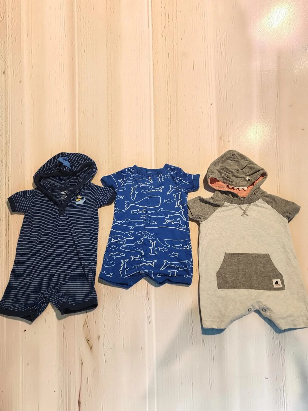 Carter's Baby One-Piece Romper Trio - Navy, Royal Blue & Gray Shark Hood